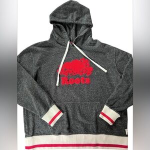 Roots Retro Grey Red Drawstring Cabin Hoodie with Front Pouch